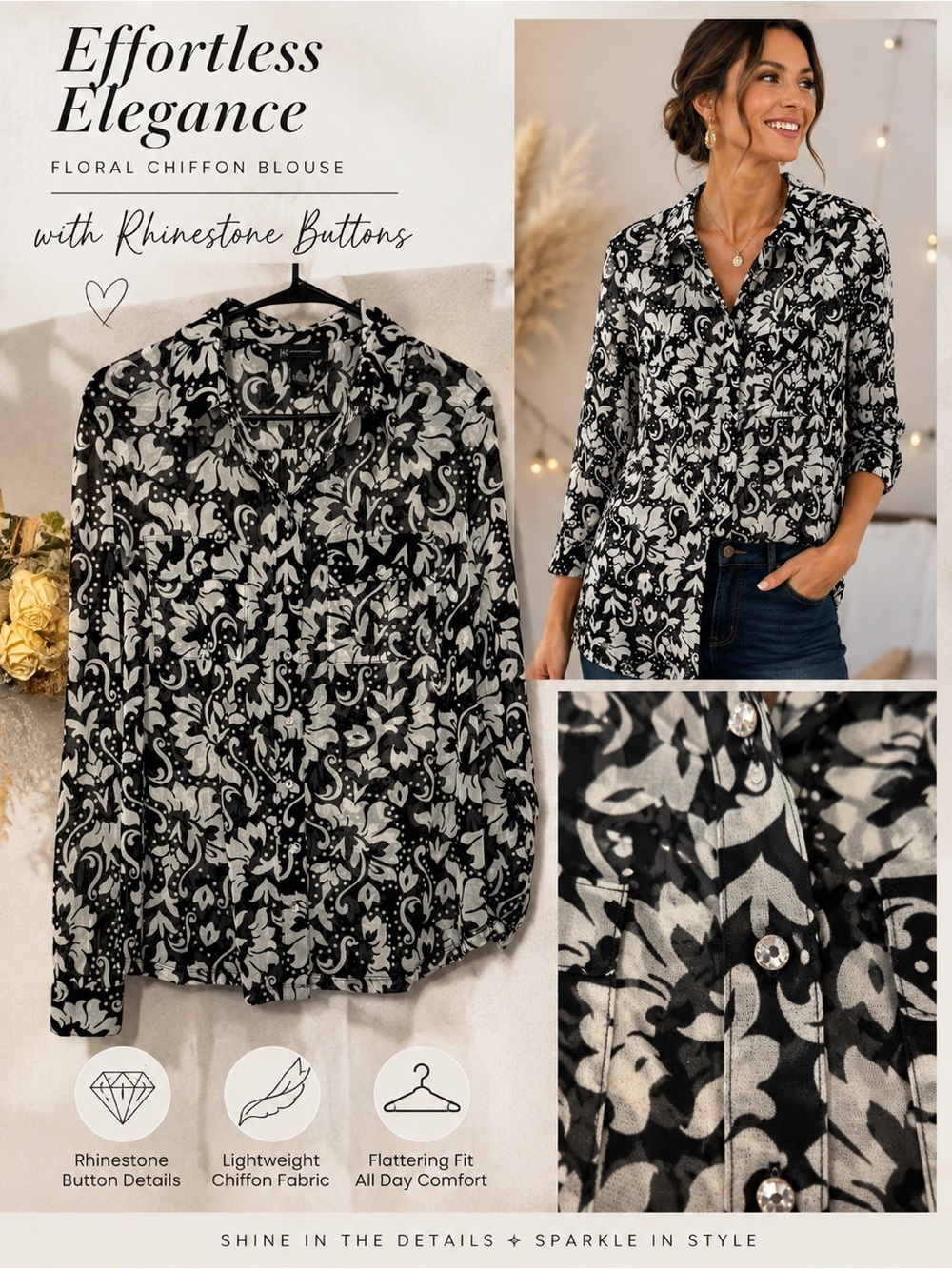 INC International Concepts Black and White Floral Button-Down Shirt